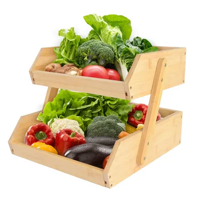 Image de Panier à fruits en bambou avec 2 étages Panier à légumes Debout Cuisine Stockage 30x34x25cm