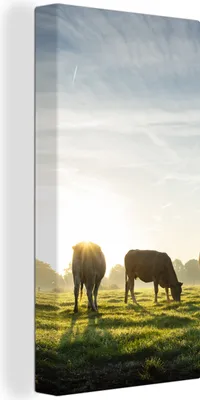 Produktbild von OneMillionCanvasses® - Leinwandbilder - Bild auf Leinwand Wandbild Leinwandbild Kühe - Sonne - Gras, 20x40 cm, Kunstdruck Wandkunst Gemälde auf Holzrahmen