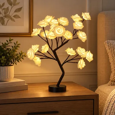 Produktbild von LED Rosenlampe Künstlich Rosenbaum Lampe USB Batteriebetrieben Nachttischlampe Nachtlicht Valentinstag Geburtstag Geschenke Deko, Weiß