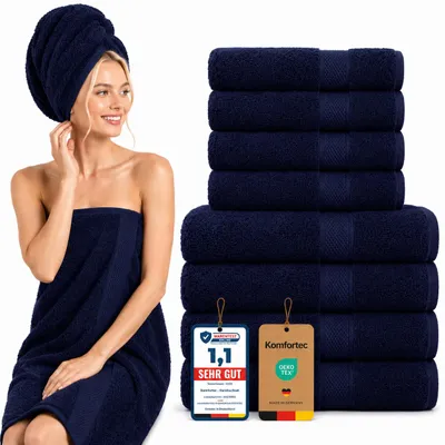 Produktbild von Komfortec 8er Handtuch Set aus 100% Baumwolle, 4 Badetücher 70x140 und 4 Handtücher 50x100 cm , Frottee, Weich, Navy Blau, KI-generiertes Bild