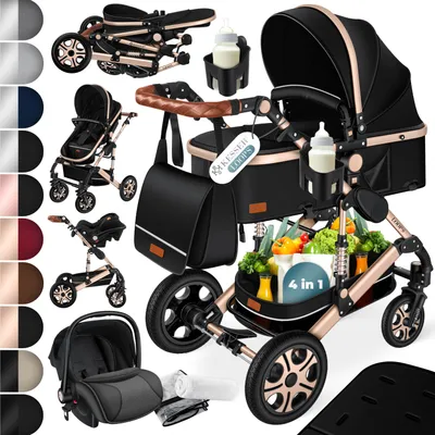A collage of product images showing a black and gold 4-in-1 stroller set with various accessories and color options.
