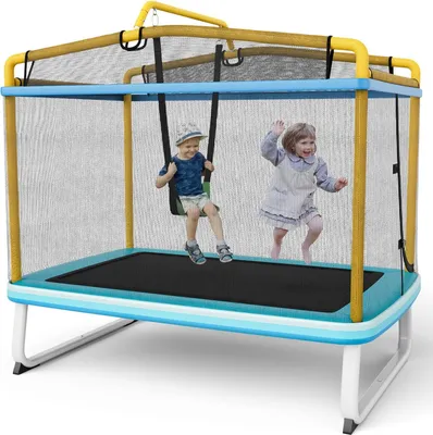 Produktbild von GOPLUS 3 in 1 Kindertrampolin, 190x124x222 cm Gartentrampolin Set mit Schaukel & Horizontalstange, Outdoortrampolin mit Sicherheitsnetz & Randabdeckung (Blau + Gelb)