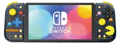 A Nintendo Switch with Pac-Man themed Joy-Cons.