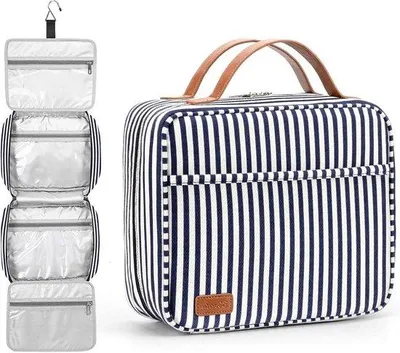 Produktbild von Famanu Kosmetiktasche große Kapazität wasserfest mit 4 Fächern und Haken - Navy Blau & Weiß Gestreift