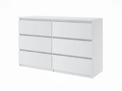 A white dresser with six drawers against a white background.