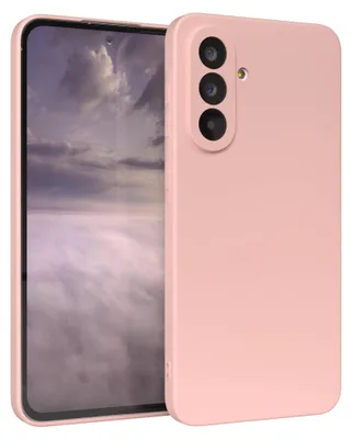 A pink smartphone case is shown next to a smartphone.