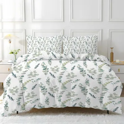 Productafbeelding van Bettenset, 220x240 cm, groene eucalyptusbladeren, 3-delig, microvezel, met rits
