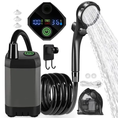 A portable camping shower kit is laid out on a white background, showcasing its components.