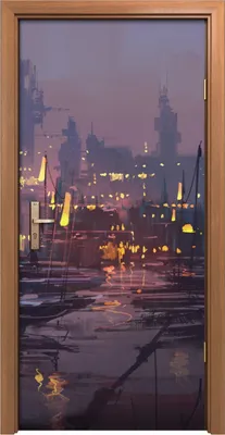Produktbild von Türposter 90x200 cm Türaufkleber Türtapete Türfolie Klebefolie Boote im Hafen futuristischen Stadt