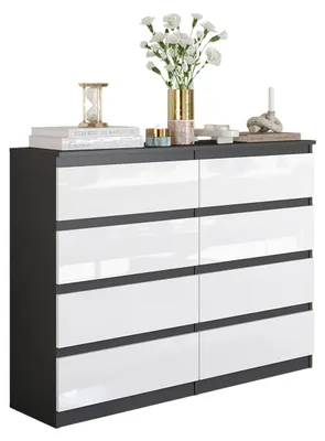 Produktbild von Kommode Anthrazit Grau / Weiß Hochglanz mit 8 Schubladen – Modernes Sideboard für Schlafzimmer & Wohnzimmer – Geräumige Kommode – GABRIEL