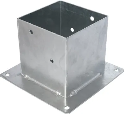A galvanized metal post base with a square opening and a flat base plate with mounting holes.