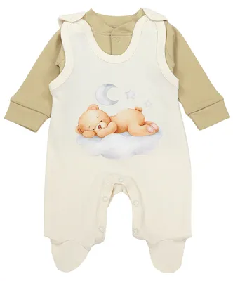 Image de Ensemble 2 pièces TupTam pour bébé fille ou garçon : grenouillère et t-shirt à manches longues avec imprimé, motif : ourson sur un nuage, couleur : beige, taille : 56