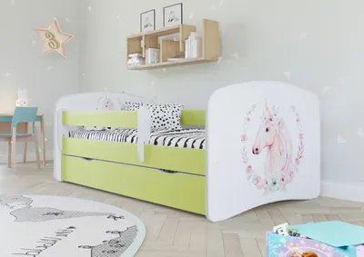 Produktbild von Kinderbett Jugendbett 70x140 cm Grün mit Matratze Rausfallschutz Schublade und Lattenrost Kinderbetten für Mädchen und Junge - Einhorn