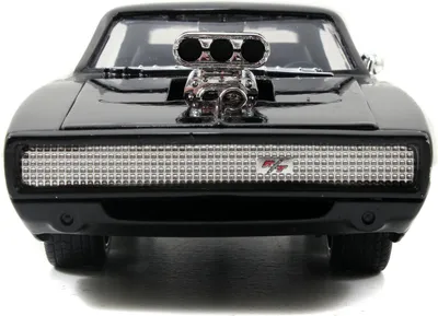 Front view of a black toy car with a chrome engine blower on the hood.