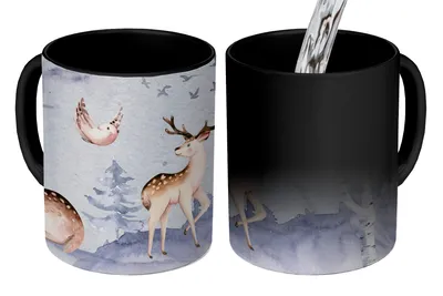 Obrázok produktu pre MuchoWow® Magický pohár Zima - jeleň - vták 350 ml Pohár na zmenu farby Darček Nápad na darček - Foto hrnček