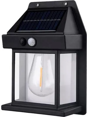 A black outdoor solar wall light with a clear glass lantern and a visible LED bulb inside.