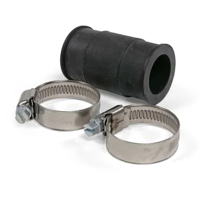 A black rubber hose connector and two silver hose clamps are arranged on a white background.