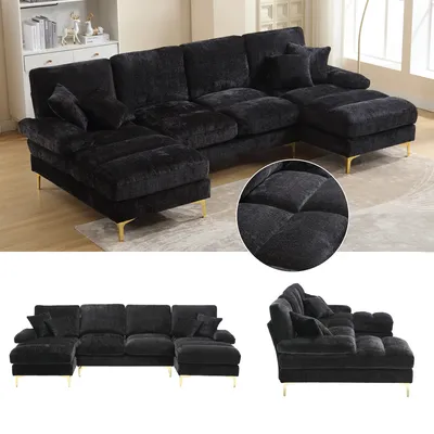 Immagine prodotto di LVHOM Divano angolare a U, set di divani con gambe in metallo dorato, set di divani angolari per la zona giorno, 4 posti, 272x88x136 cm, nero