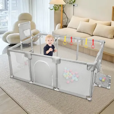 Produktbild von Laufstall Baby Faltbar,Laufgitter mit Basketballkorb,Fußballnetzen,50 Spielbällen,Krabbelgitter mit atmungsaktivem Netz 180x120x66cm Hellgrau
