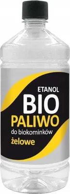A clear, well-lit studio shot of a clear plastic bottle filled with a clear liquid, with a black cap. The bottle has a label with yellow and black graphics and text.