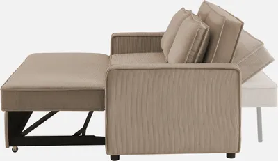 A side view of a beige sofa bed with its extension pulled out.