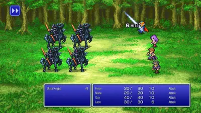 A screenshot from a retro-style role-playing video game, showing a battle scene in a forest setting.