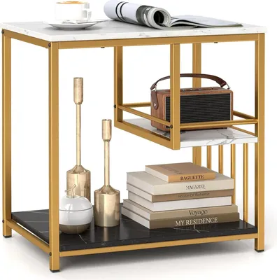 Immagine prodotto di Tavolino - Comodino a 3 ripiani - Rettangolare - Effetto marmo - Struttura in metallo - Design moderno - Bianco