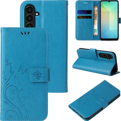 Collage of images showing a blue floral and butterfly embossed flip phone case from different angles.