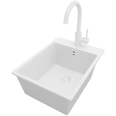 Produktbild von PRIMAGRAN Granitspüle Alles Weiß 38x50cm, Spülbecken 1 Becken + Küchenarmatur 32x20cm + Ablauf-Set, Küchenspüle ab 40er Unterschrank - Riga
