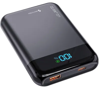 Produktbild von Siltcon® Ultra Kompakte Powerbank 10000mAh – 22,5W Schnellladen – USB-C/USB-A – LED-Anzeige – Notfallset – 2 Ports – Schwarz