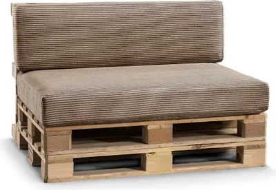 A sofa cushion set made from pallet wood and upholstered in brown corduroy fabric, shown against a white background.