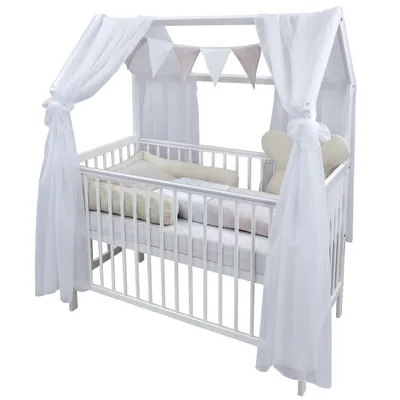 Produktbild von Baby-Delux Hausbett Kinderbett Gitterbett weiß 60x120 Beißschienen Matratze Bett Set Waffelpique Teddy beige