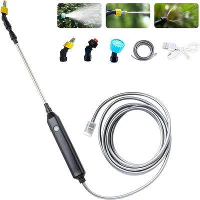 Produktbild von Akku Drucksprüher 3,7V elektrisch – Pflanzensprüher mit 3m Schlauch & 3 Düsen | Gartenspritze für Hof Rasen