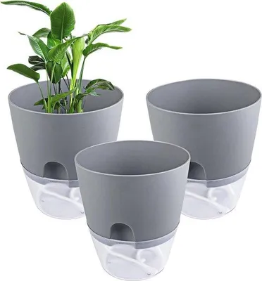 Image de Lot de 3 pots de fleurs à arrosage automatique, gris, 15,3 cm