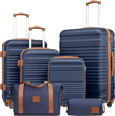 Produktbild von COOLIFE Koffer-Set ABS Hartschale 4 Rollen TSA-Schloss 6tlg Blau/Braun