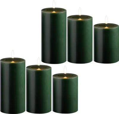 Produktbild von 6er Set Led Kerzen flackernde Flamme mit Echtwachspiegel grün 7,5cm ø 2x 15 cm, 2x12,5 cm, 2x10 cm Höhe, LED Kerzen mit Timerfunktion, 2 AA Batterien nötig, LED Echtwachs Stumpenkerzen warmweiß