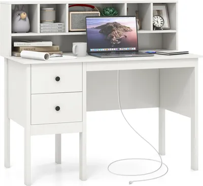 Obrázok produktu pre Písací stôl s nabíjacími portami USB a zásuvkami, 120 cm dlhý počítačový stôl so zásuvkami a policovým nadstavcom s 5 priehradkami