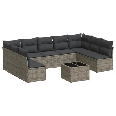 Produktbild von Garten-Sofagarnitur, 10-teilig, modular, aus Poly Rattan & pulverbeschichtetem Stahl, UV-beständig, mit Hartglas-Tischplatte, Grau