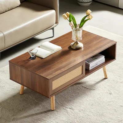 Obrázek produktu pro Konferenční stolek z tmavého ořechového dřeva, 105 x 55 x 40 cm, s posuvnými dvířky, proutěným košem a nohami z masivního dřeva, moderní stolek do obývacího pokoje
