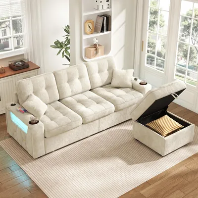 Immagine prodotto di Divano modulare multifunzionale in chenille, divano a 3 posti imbottito con porta USB-C, luci LED, portabicchieri e spazio contenitivo, divano angolare moderno, color beige
