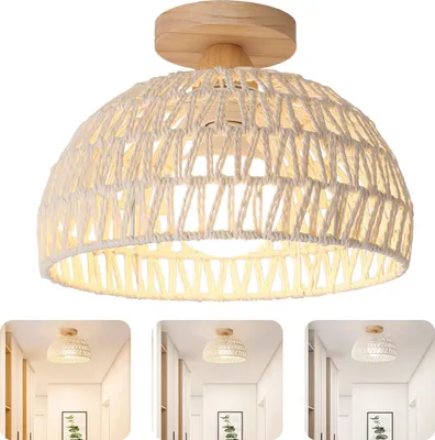 A close-up of a woven pendant light with a wooden base, shown against a white background. Below are three smaller images showing the light in different hallway settings with varying light temperatures.
