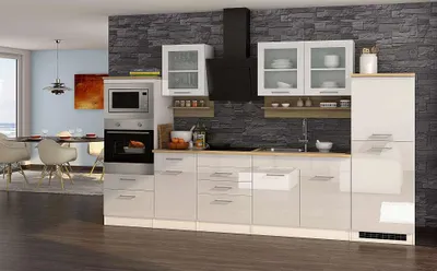 Produktbild von Küchenblock Mailand 330 cm weiß hochglanz mit Glaskeramik Kochfeld Backofen Mikrowelle Kühlschrank Dunsthaube und Spüle