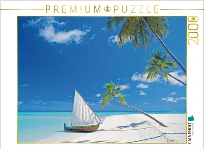 Produktbild von CALVENDO Puzzle Strand, Meer und ein Segelboot: Einsame, kleine Inseln nur für Sie allein. | 2000 Teile Lege-Größe 90x67cm Foto-Puzzle für glückliche Stunden