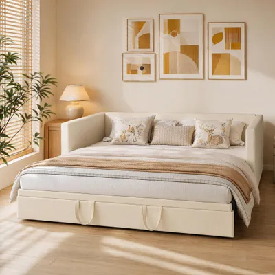 Image de INONEFT, canapé-lit avec coffre de rangement, dimensions 90x200 cm, convertible en lit de 180x200 cm, canapé convertible avec sommier à lattes et accoudoirs, lit pour adolescents, revêtement en velours, couleur beige