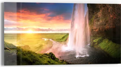 Produktbild von DEQORI Glasbild Echtglas 60x30 cm 'Seljalandsfoss Wasserfall' Wandbild Bild modern Deko