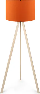 A floor lamp with an orange shade and a wooden tripod base, shown against a white background.