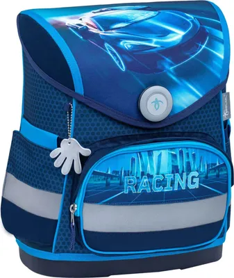 Produktbild von Belmil Schulranzen Set COMPACT 2025 Magnetschloss Racing Blue Neon (Motiv: Rennwagen) für Jungen mit Regenhaube