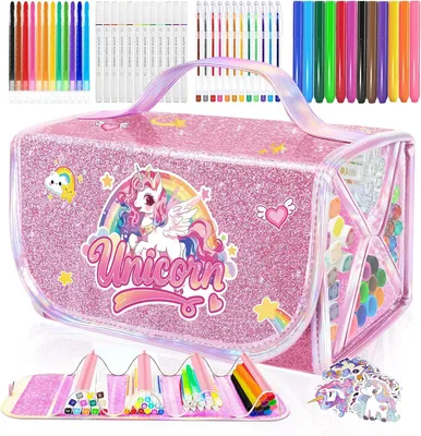 Productafbeelding van Eenhoorn kleurstiftenset met etui, 70 stuks wasbare kinderkunstset met glitterpennen, geurstiften, krijt, kunst en ambachten