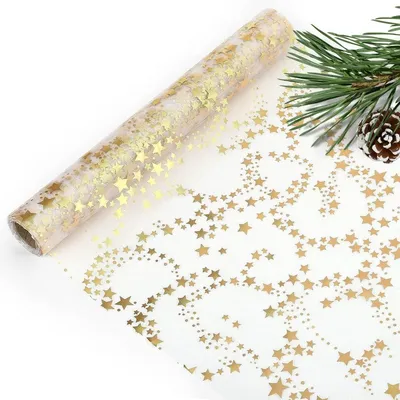 Produktbild von Tischläufer Organza Tischdeko Weihnachten - Gold mit goldenen Sternen - 28 cm x 5 m - Doppelseitig - Für Weihnachten und Advent