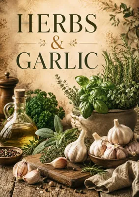 Produktbild von Herbs & Garlic Poster DIN A2 – Küchenposter mit Kräutern, Knoblauch & Olivenöl, matt